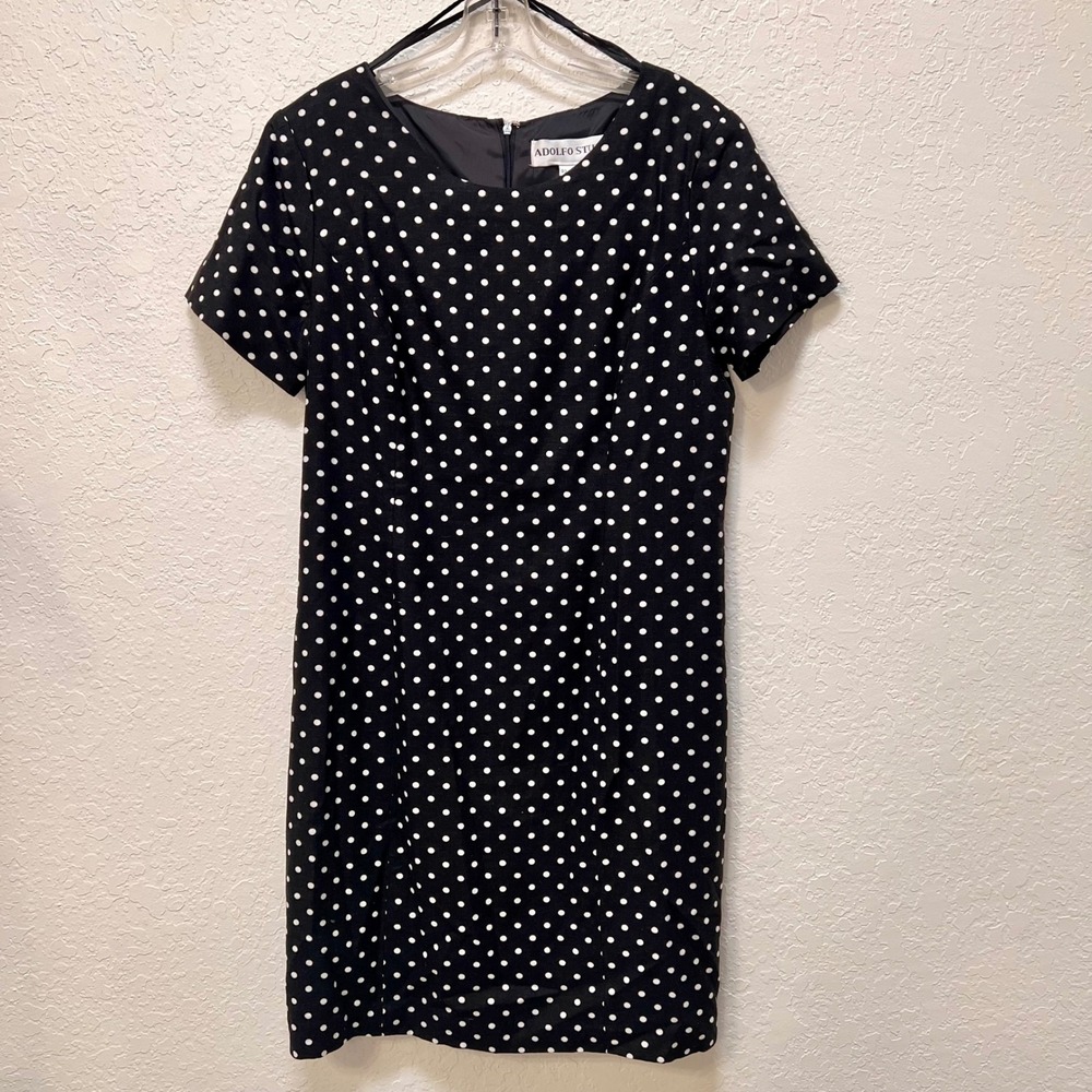 VTG Adolfo Studio Black White Polka Dot Linen Rayon Sheath Dress‎ Size 14